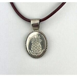 Sterling Silver Engraved Pineapple Pendant 17" Burgundy Leather Cord Necklace